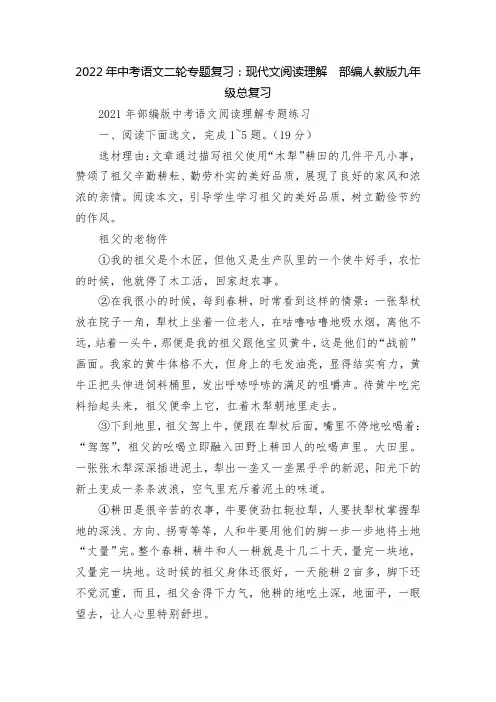 2022年中考语文二轮专题复习：现代文阅读理解  部编人教版九年级总复习