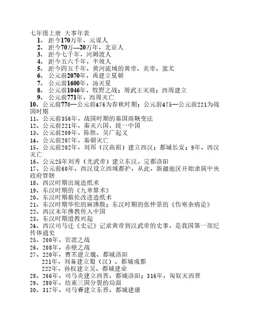 1七年级上册  大事年表