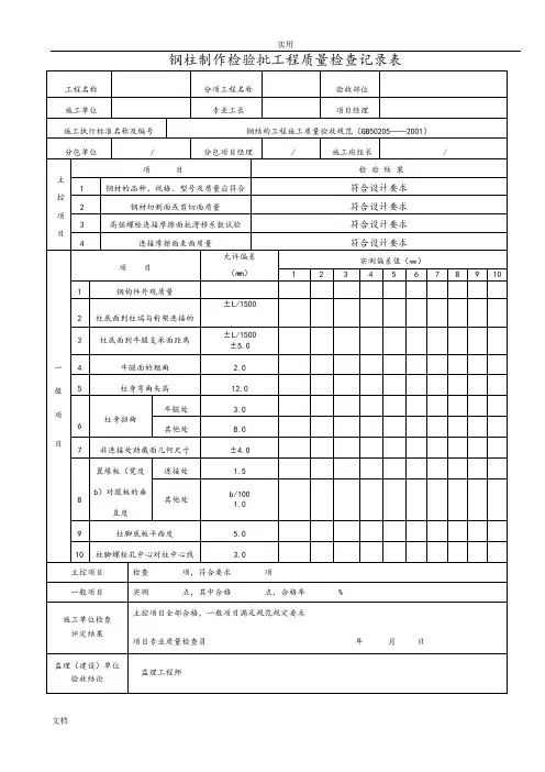 钢结构制作检验批工程高质量检查记录簿表