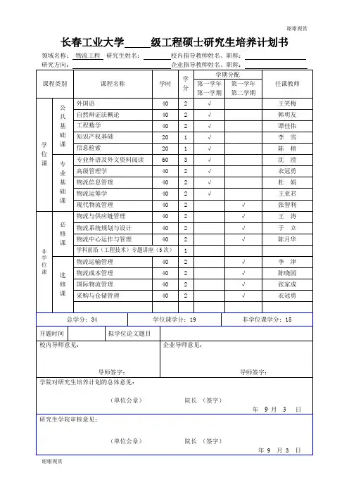 长春工业大学 x级工程硕士研究生培养计划书.doc