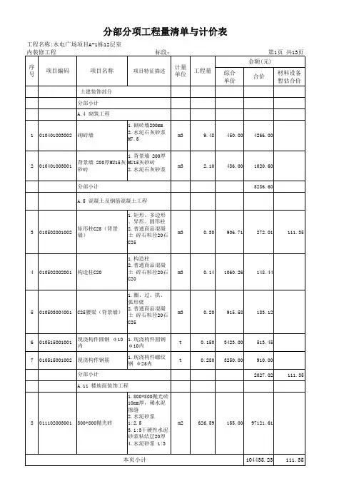 综合单价分析表及清单计价表