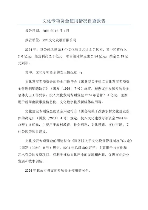文化专项资金使用情况自查报告
