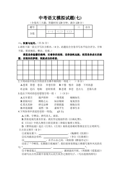 2009年山东省临沂市中考模拟语文试卷(七)