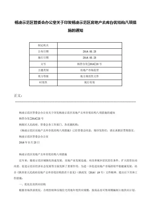 杨凌示范区管委会办公室关于印发杨凌示范区房地产去库存优结构八项措施的通知-杨管办发[2016]28号