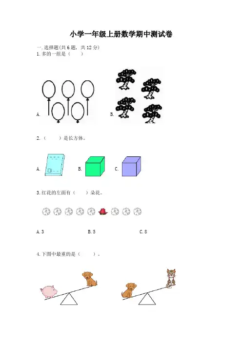 小学一年级上册数学期中测试卷(历年真题)