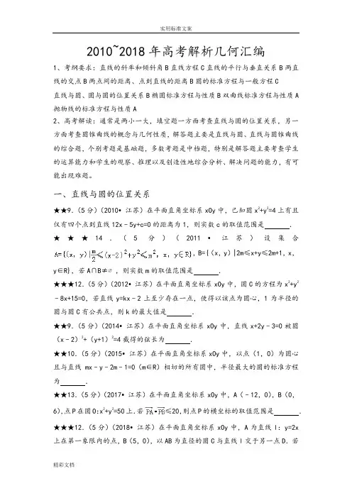 2018年度0~2018年度8江苏高考解析汇报几何总汇编(文)