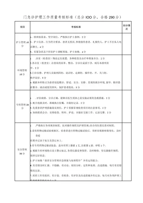 门急诊护理工作质量考核标准