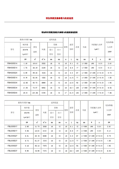 菲加邦蒸发器参数与机组选型