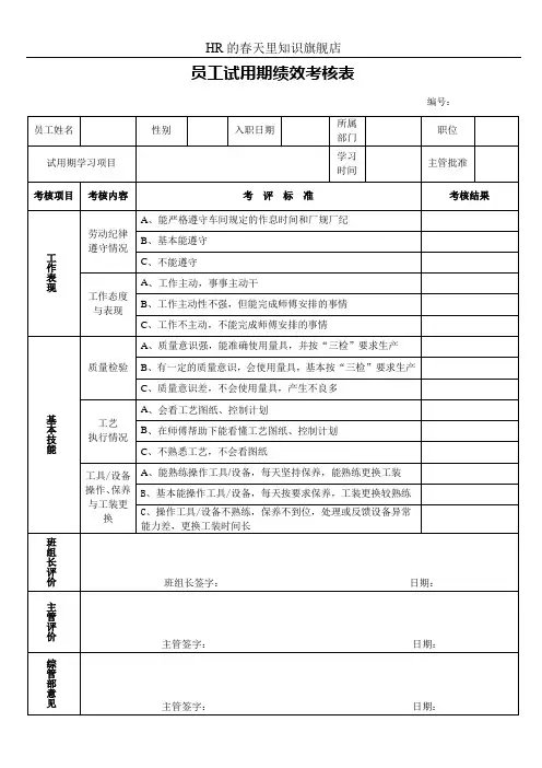 员工试用期绩效考核表