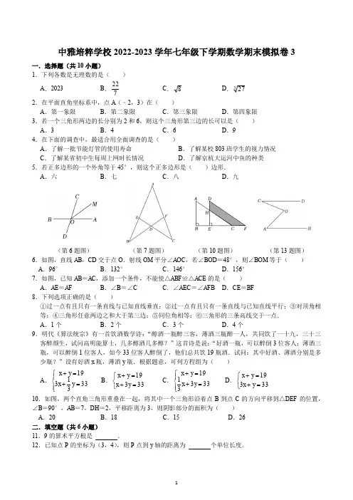 湖南省长沙市中雅培粹学校2022--2023学年七年级下学期数学期末模拟卷 