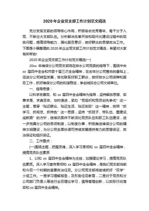 2020年企业党支部工作计划范文精选