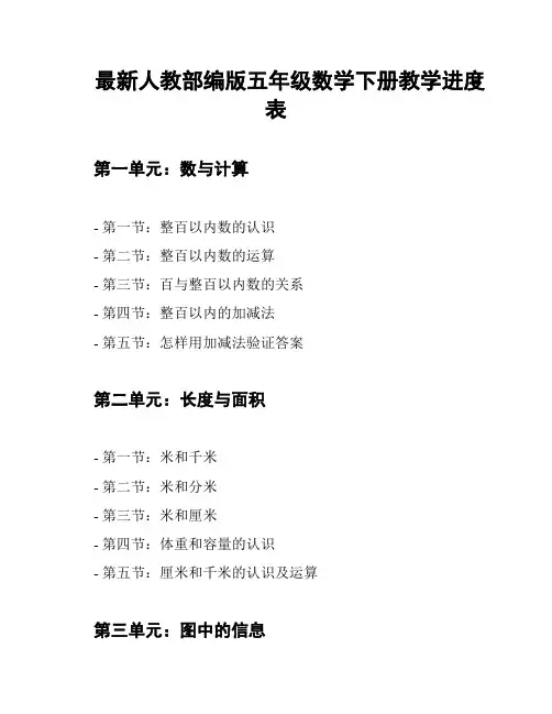 最新人教部编版五年级数学下册教学进度表