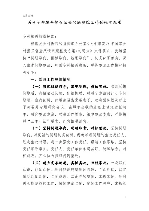 关于乡村振兴督查反馈问题整改工作的情况报告