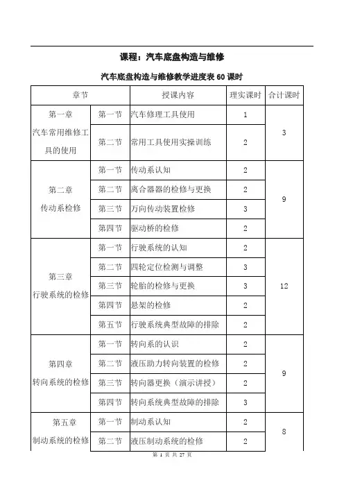 7-3底盘构造与维修教学进度表与教学大纲60课时