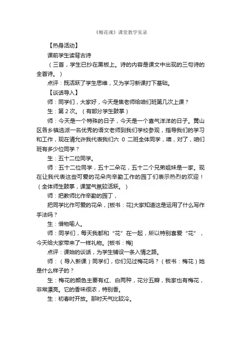 《梅花魂》课堂教学实录