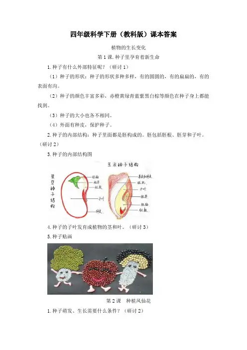 四年级科学下册(教科版)课本第一单元解答
