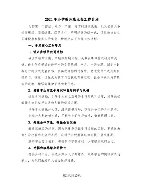 2024年小学教师班主任工作计划（5篇）