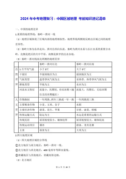2024年中考地理复习：中国区域地理 考前知识速记清单