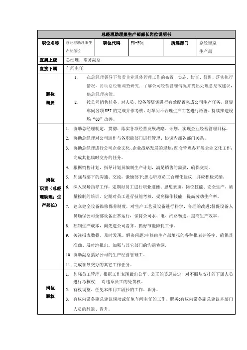 总经理助理兼生产部部长岗位说明书