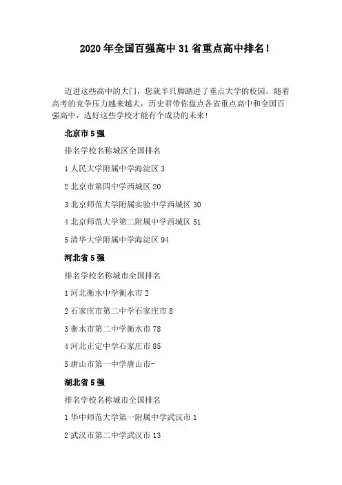 2020年全国百强高中31省重点高中排名!