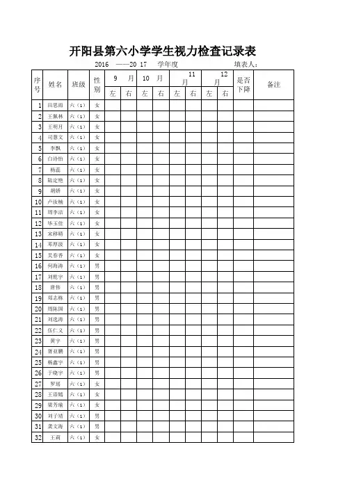 六年级学生视力检查记录表