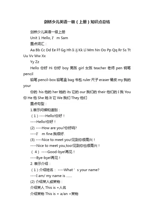 剑桥少儿英语一级（上册）知识点总结