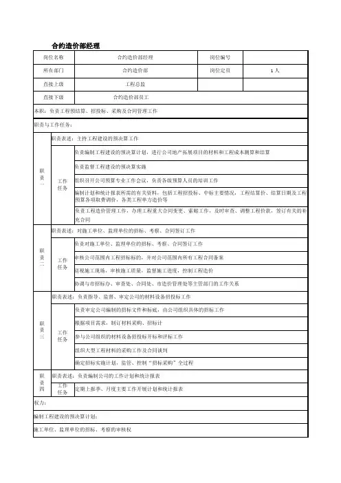 合约造价部经理岗位说明书