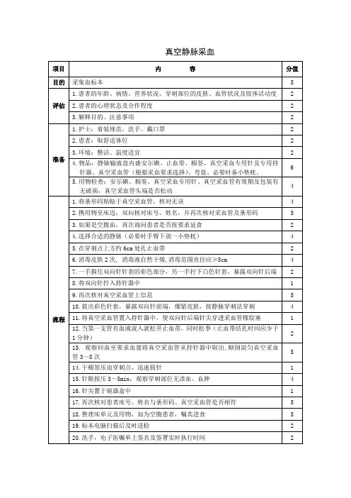 真空静脉采血操作流程及评分标准