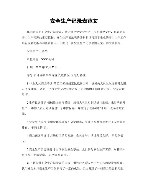 安全生产记录表范文