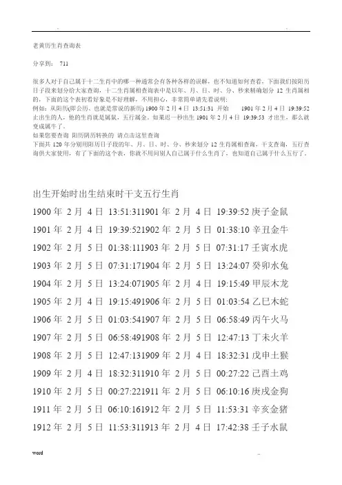 老黄历生肖查询表