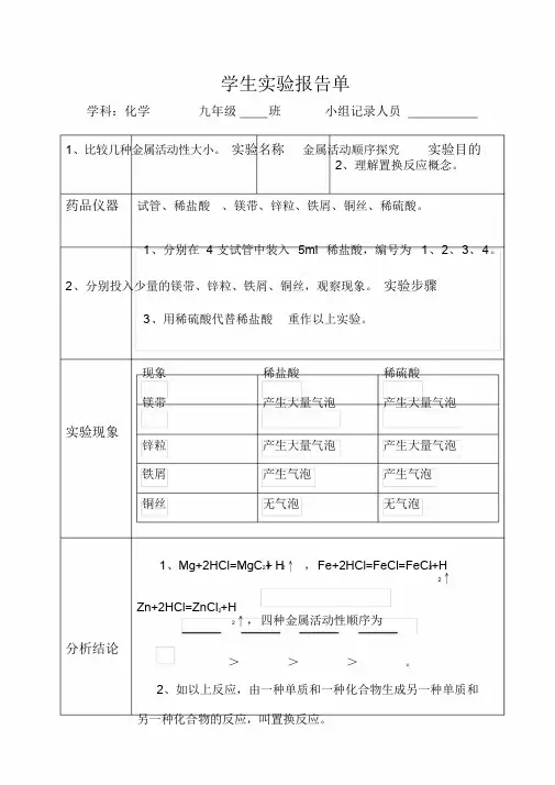 人教版九年级下册化学实验报告单