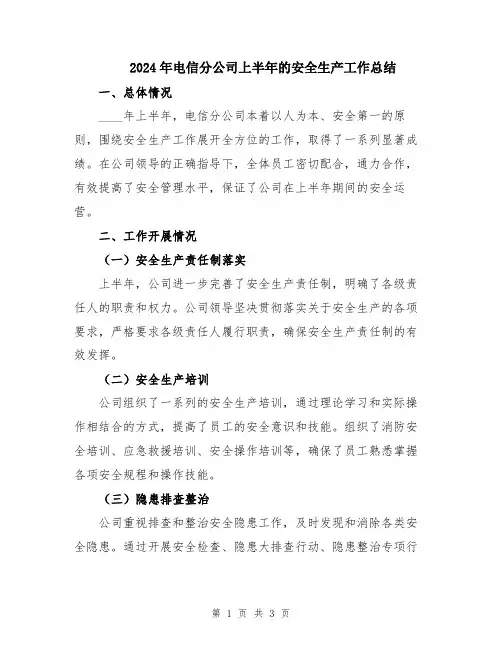 2024年电信分公司上半年的安全生产工作总结