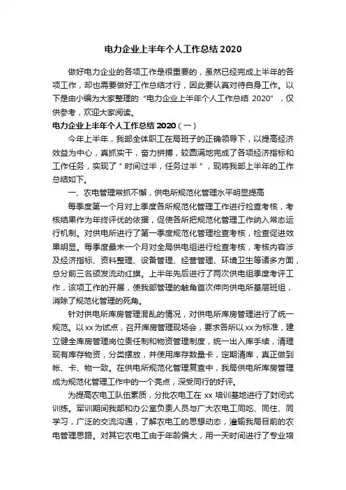 电力企业上半年个人工作总结2020