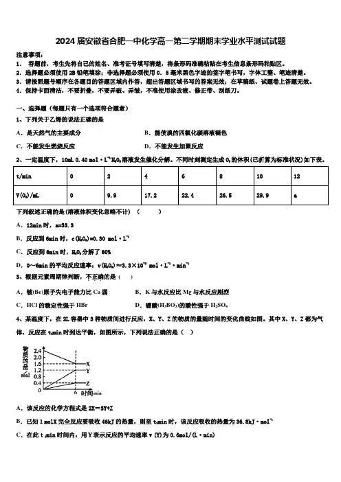 2024届安徽省合肥一中化学高一第二学期期末学业水平测试试题含解析