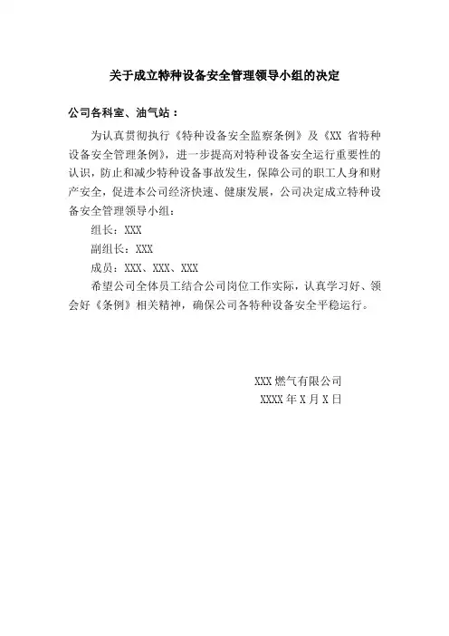 关于成立特种设备安全管理领导小组的决定