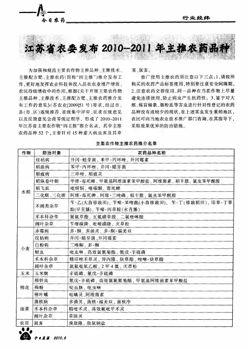 江苏省农委发布2010-2011年主推农药品种