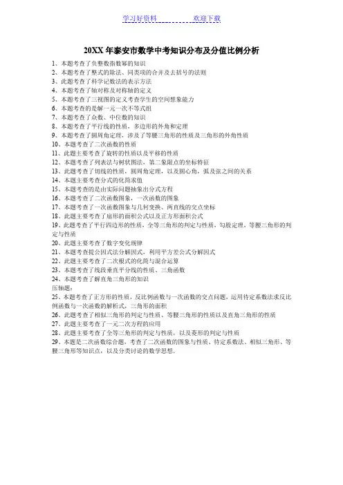 泰安市数学中考知识分布及分值比例分析