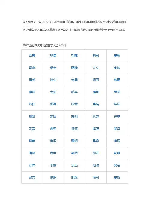 2022五行缺火的男孩名字大全