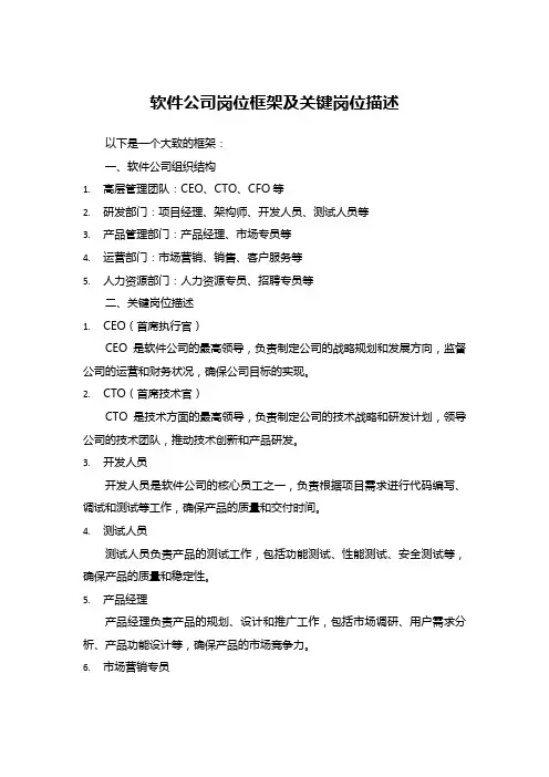 软件公司岗位框架及关键岗位描述