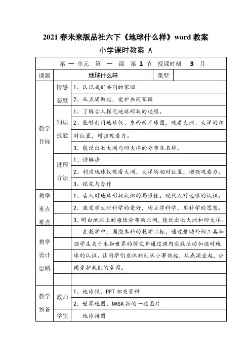 2021春未来版品社六下《地球什么样》word教案