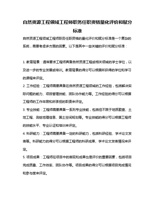 自然资源工程领域工程师职务任职资格量化评价和赋分标准