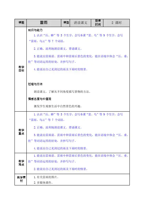 部编人教版二年级语文下册《16 雷雨》教案+课时作业+教学反思+备课素材