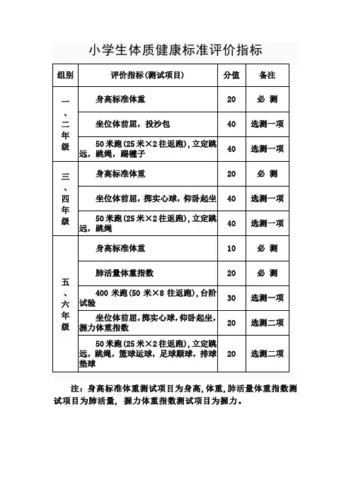 小学生体质健康标准评价指标