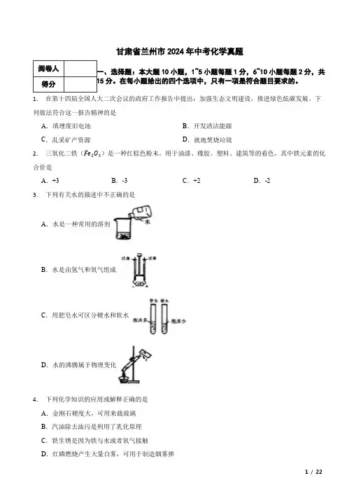 甘肃省兰州市2024年中考化学真题试卷 附解析