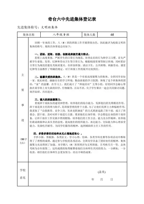 奇台六中八(9)班先进集体登记