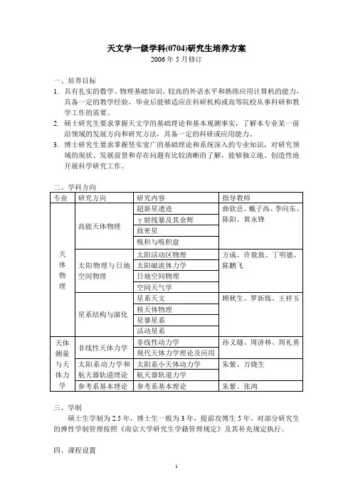 天文学一级学科(0704)研究生培养方案