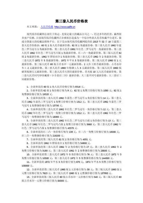 第三套人民币回收价格表