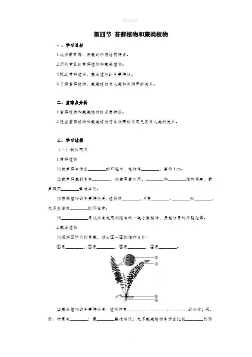 七年级生物上册第一单元我们身边的生命世界第三章形形色色的植物第四节苔藓植物和蕨类植物学案冀教版
