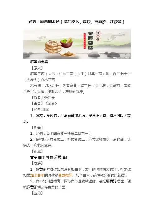 经方：麻黄加术汤（湿在皮下，湿疹、荨麻疹、红疹等）