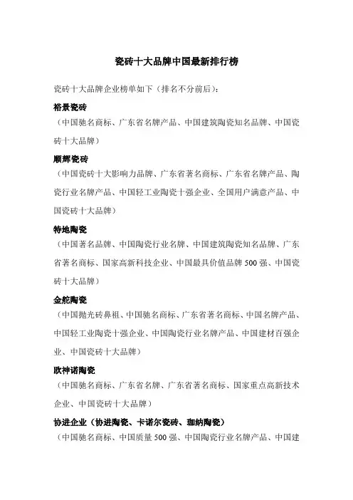 瓷砖十大品牌中国最新排行榜